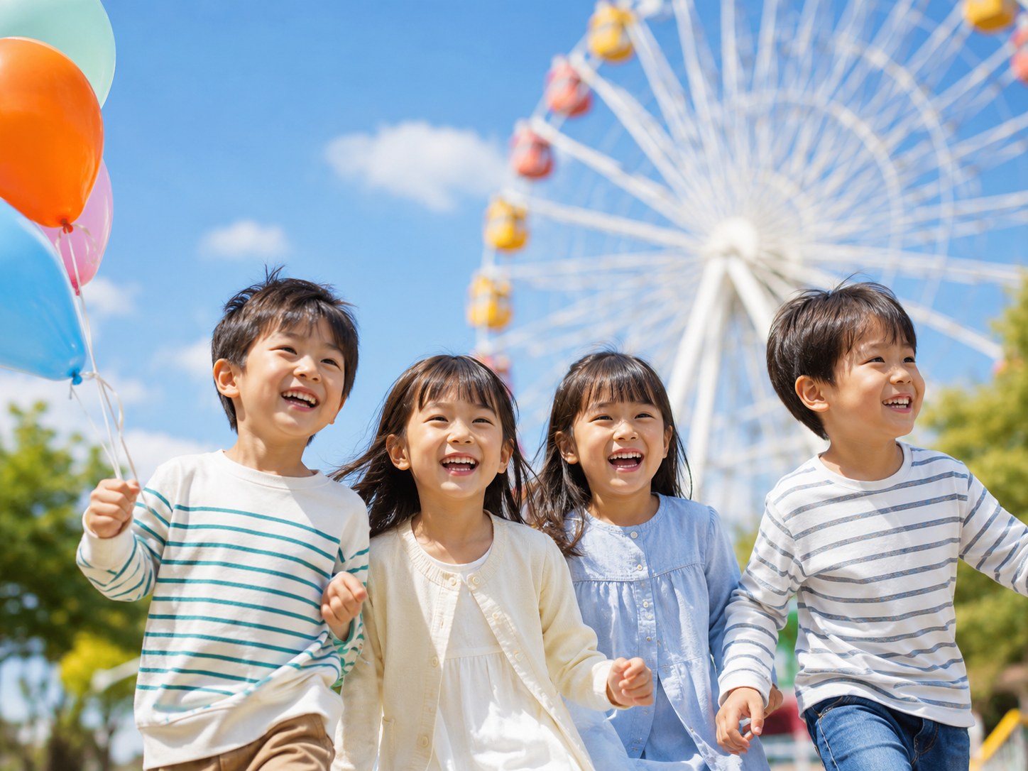 観覧車を背に、笑顔いっぱいの子どもたち