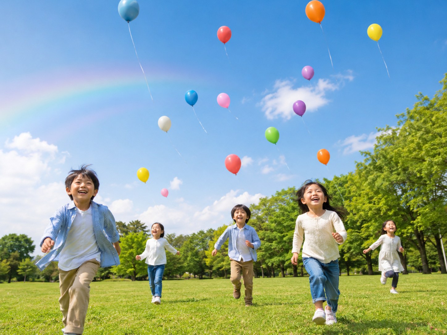 青空と虹の下、色とりどりの風船とともに駆ける子どもたち