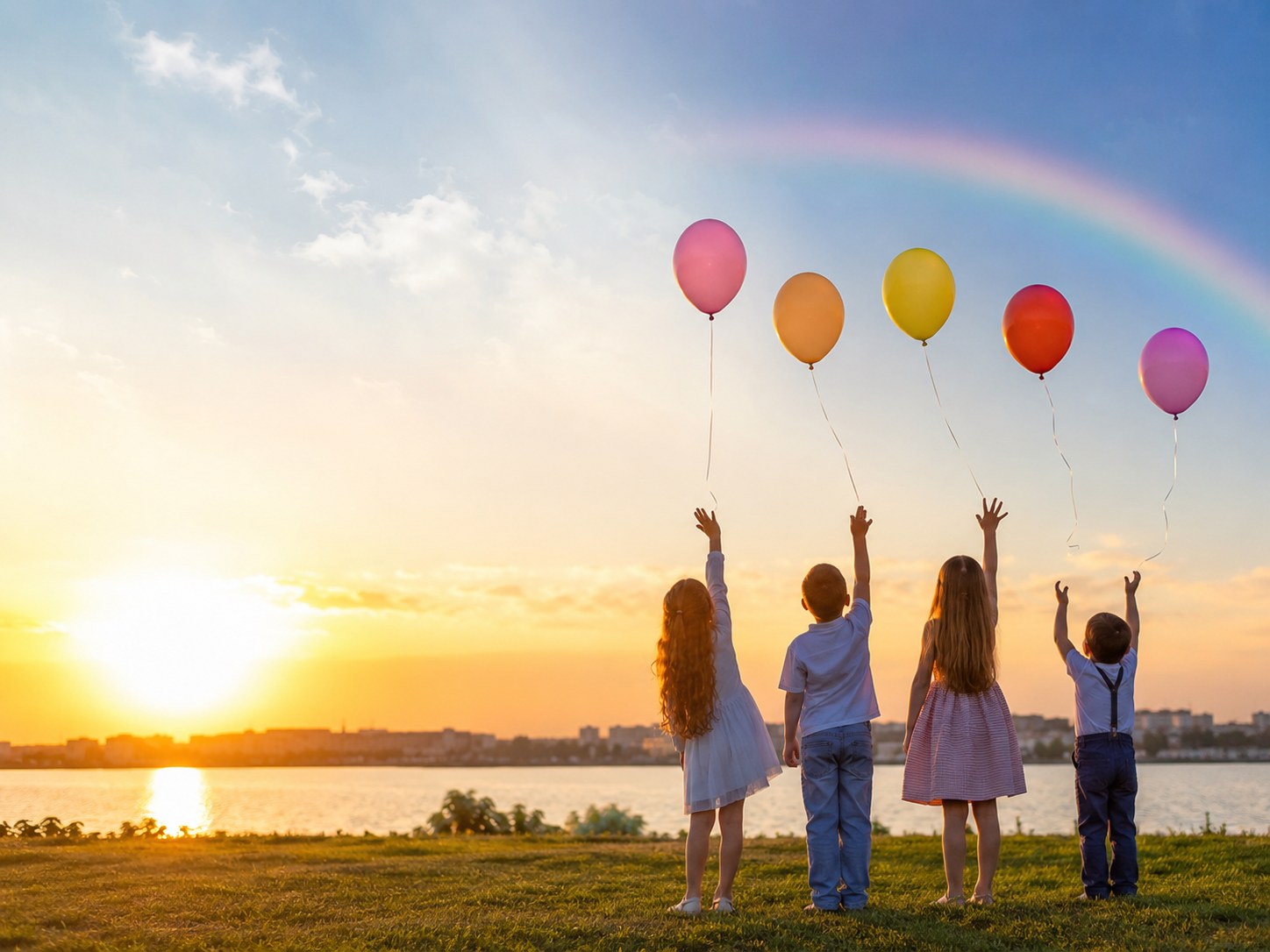 夕暮れの空へ風船を掲げる子どもたちのシルエット